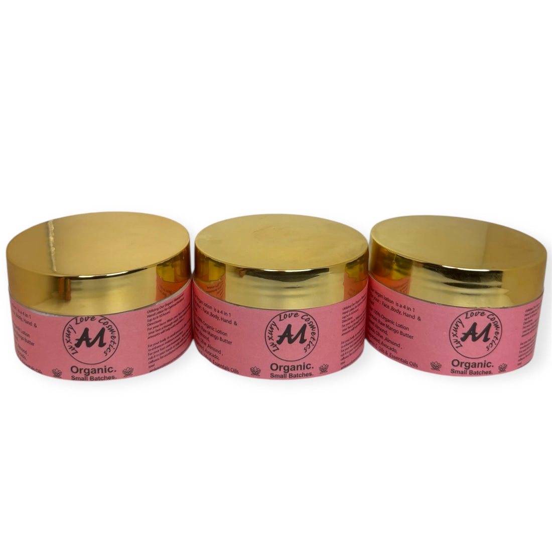 A.M. Luxury Love Cosmetics organic shea butter, mango butter, and cocoa butter skincare products"
